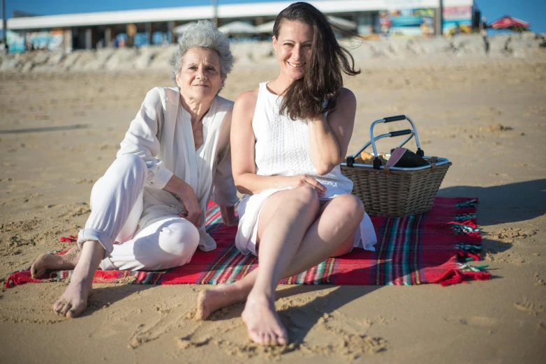 two women are sitting on the sand on a beach