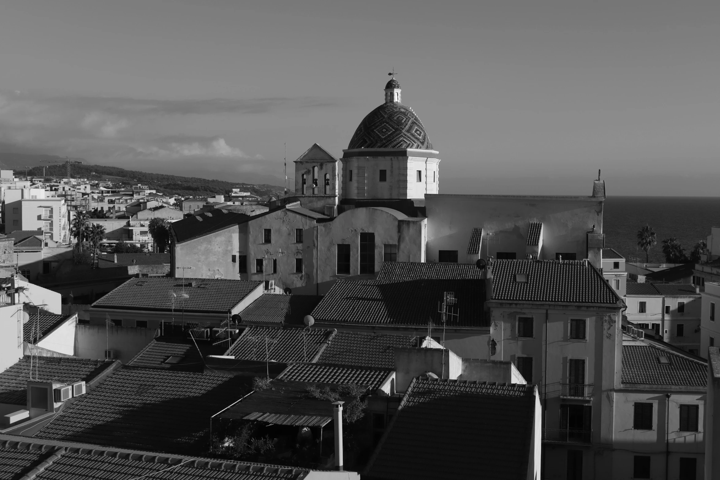 a black and white po of rooftops and buildings