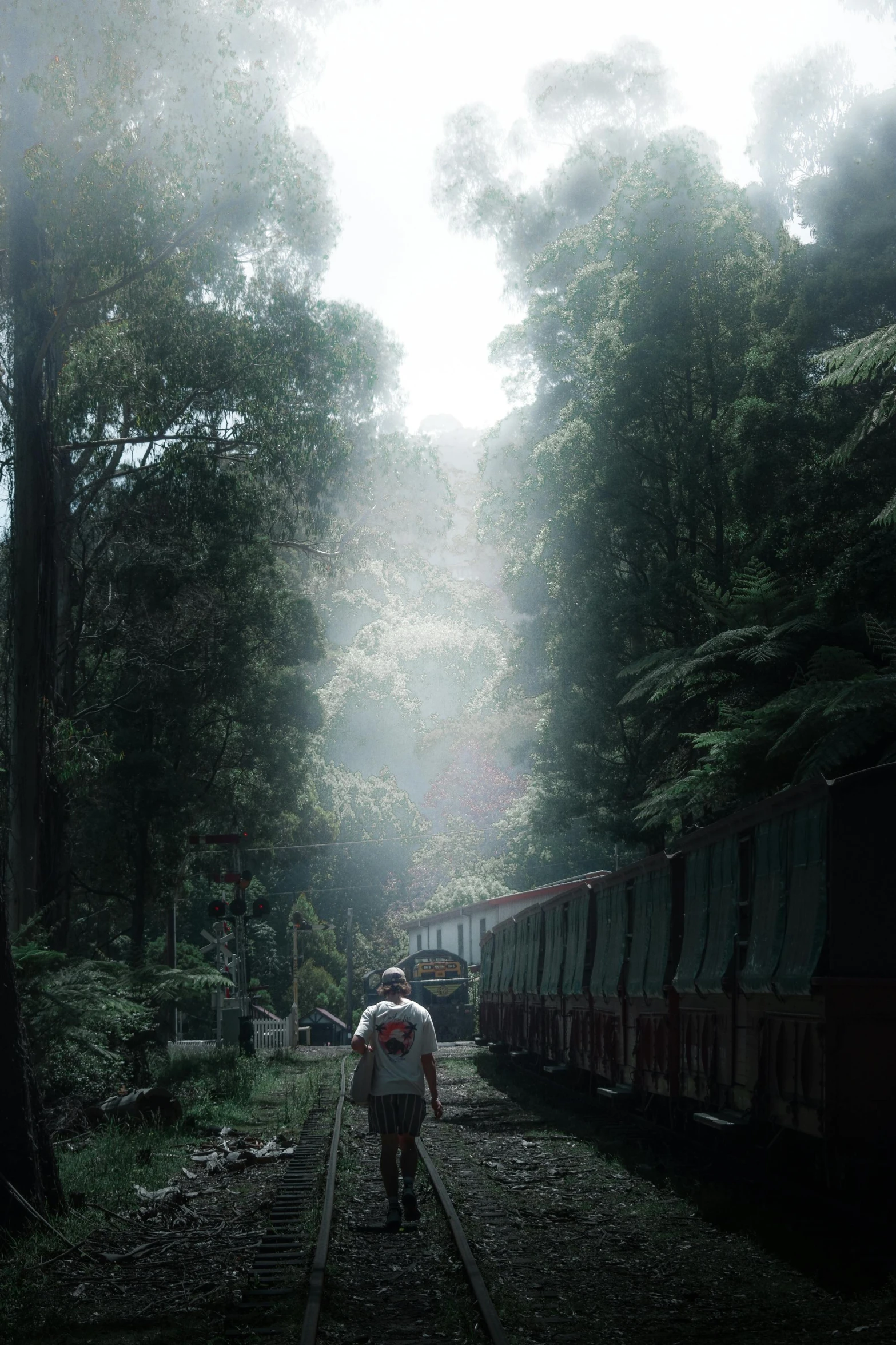 a man walking on the train tracks towards the camera