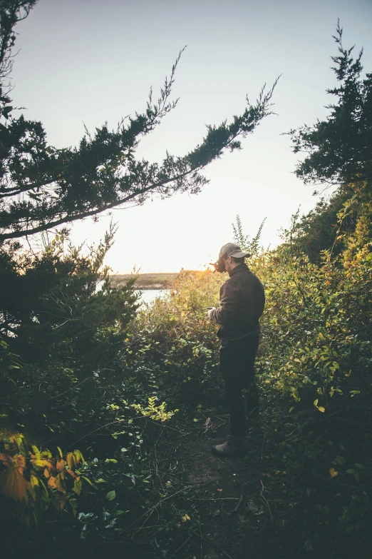 a man standing on a path in the middle of some bushes