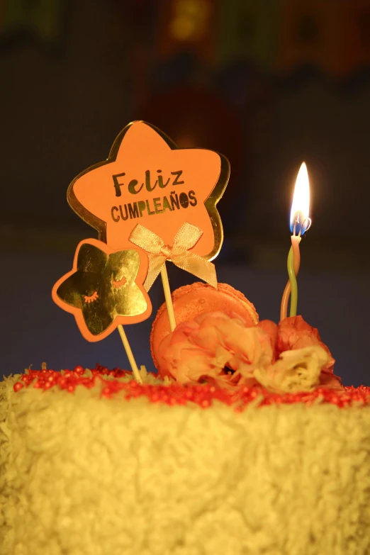 a small cake topped with a two lit candle and a flower
