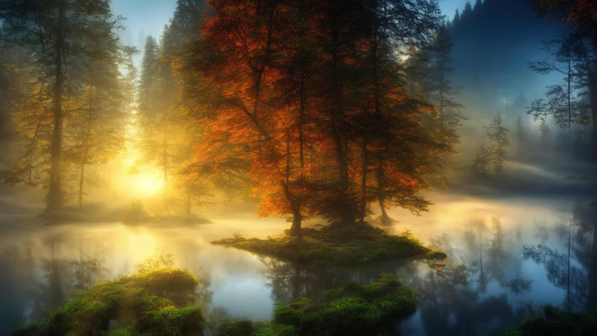 a small island in the middle of the river in the middle of an autumn forest