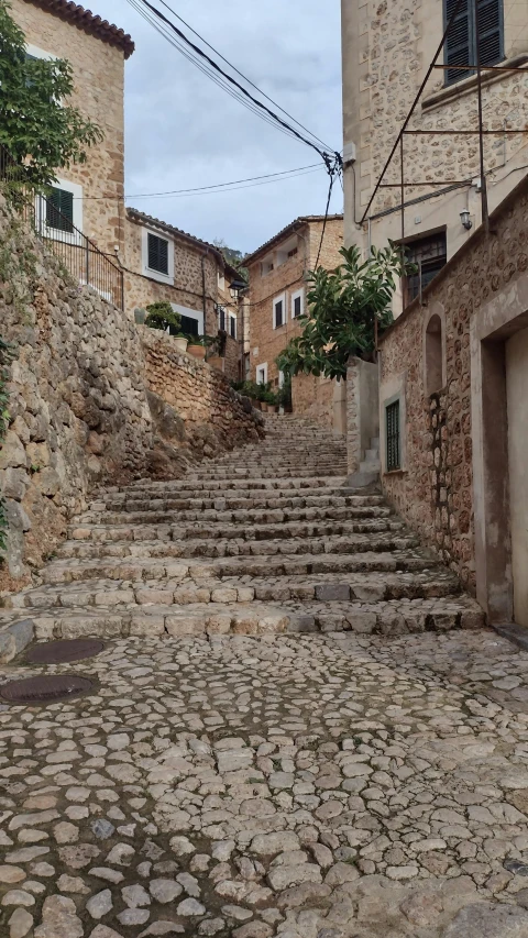 a street has stone steps and trees