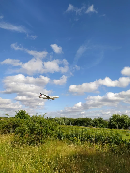 a large airplane taking off in the middle of the countryside