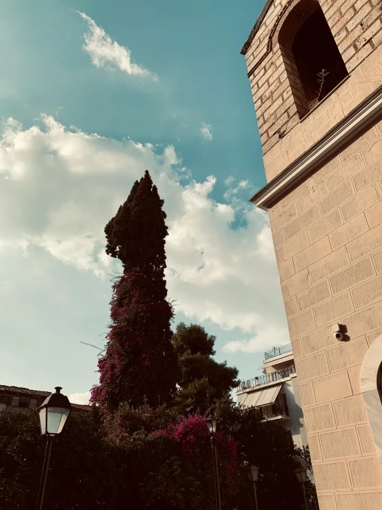 a clock tower standing next to some bushes and trees