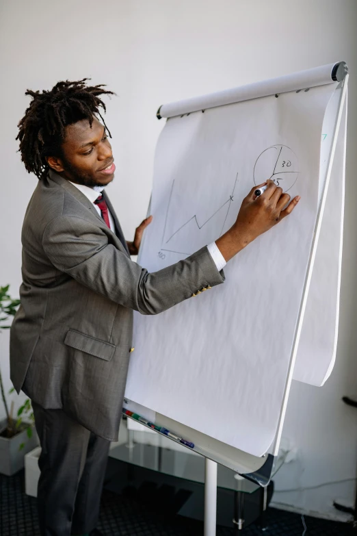 a man wearing a suit is writing on a board