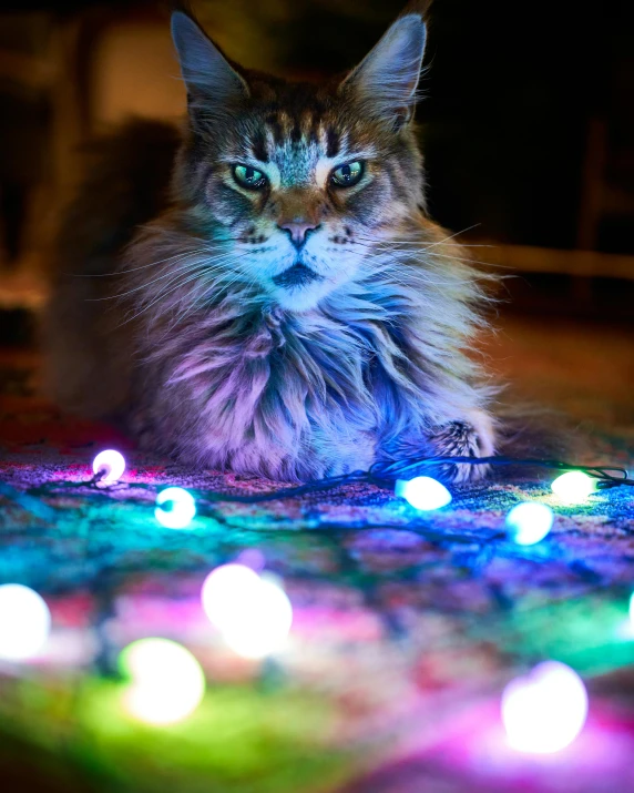 a cat laying on a colorful cloth with many lights