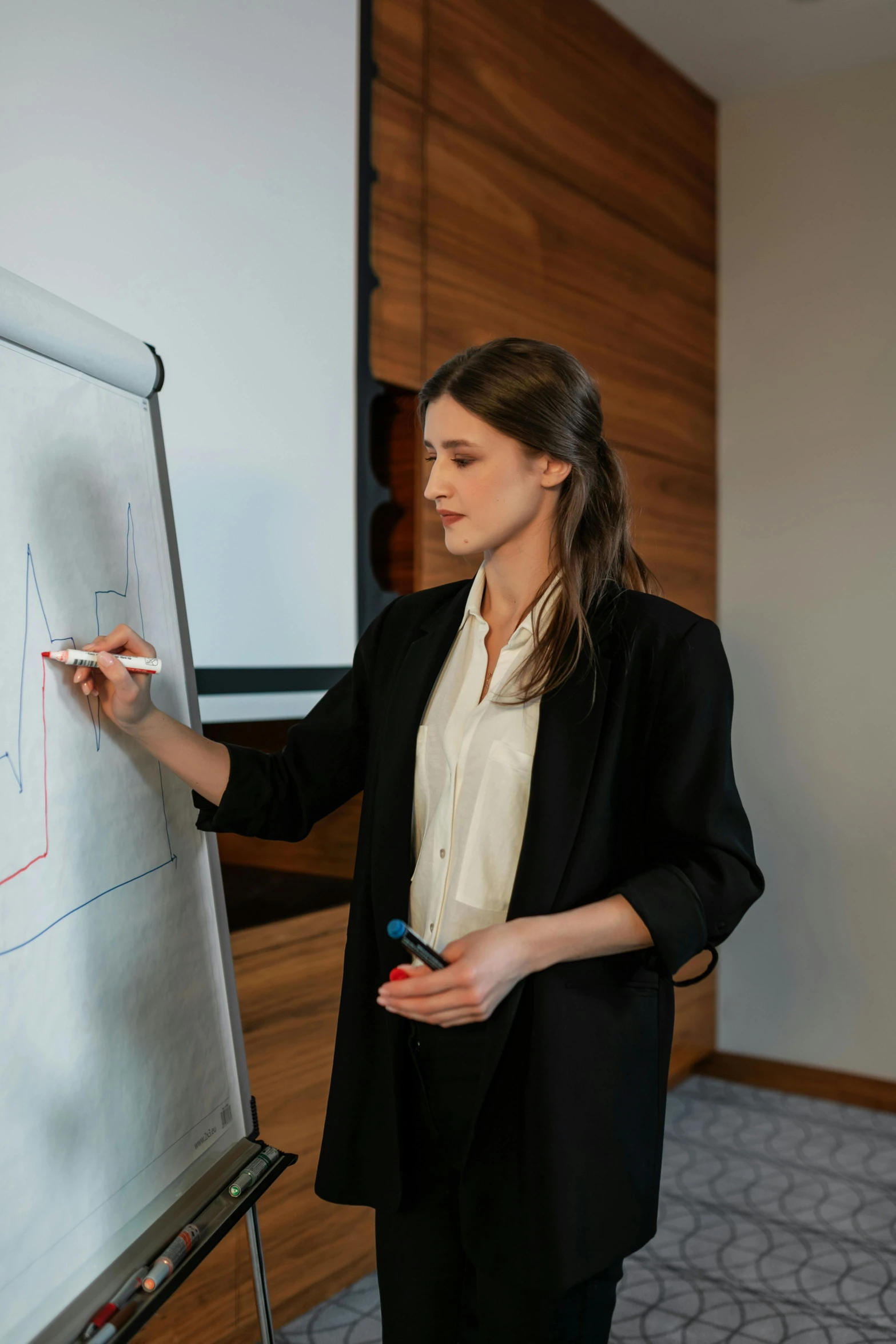 a woman in black jacket writing on a large board