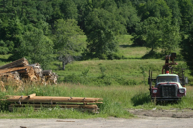 an old truck and logs in a field