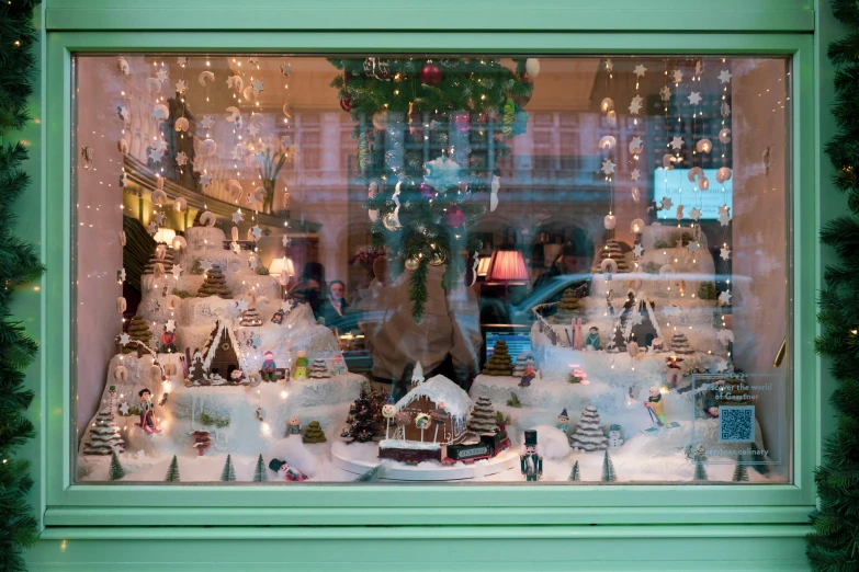 a window display with many different ornaments