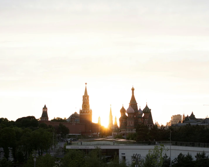 a view of the city skyline at sunset