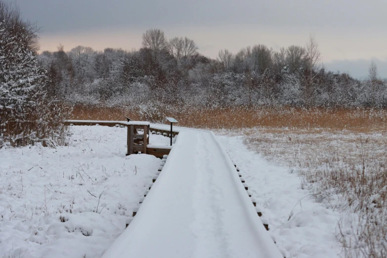 a railroad crossing through a snow covered field