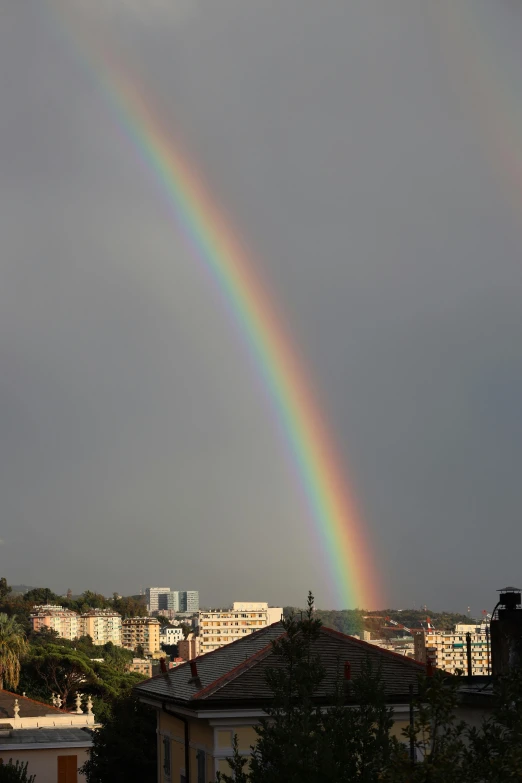 a rainbow over houses on a cloudy day