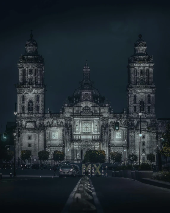 large church in the dark at night with the light reflecting on the building