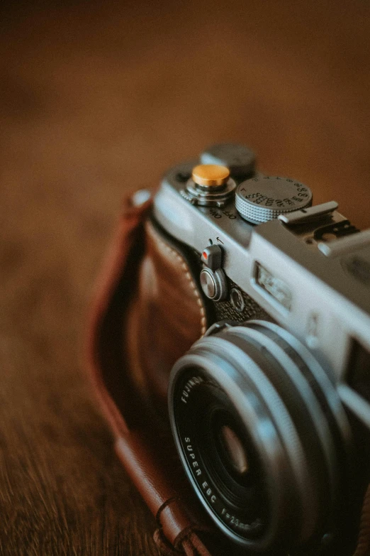 a camera with a leather case is sitting on the table