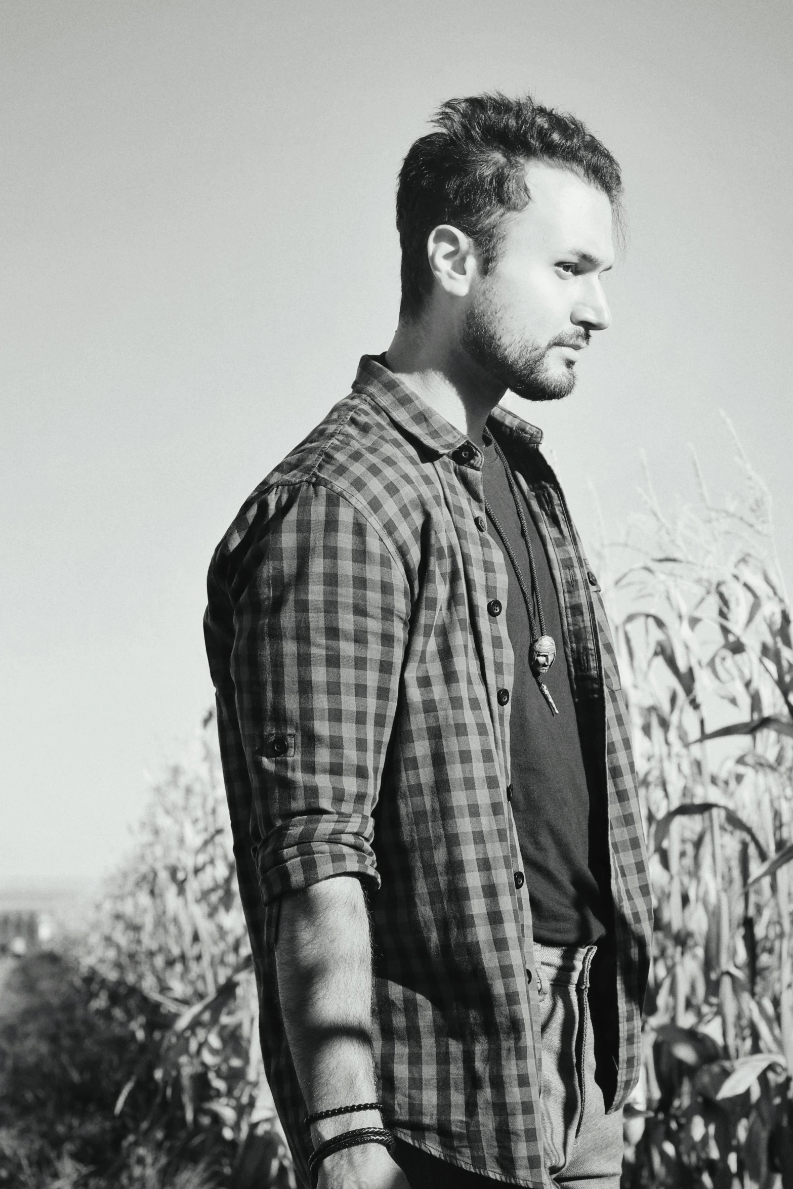 a black and white pograph of a man standing in front of a cornfield