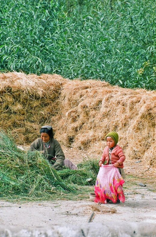 a woman and man sit in a field covered with hay