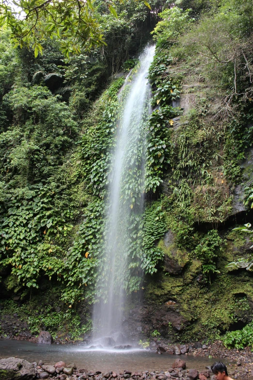 a man is standing in front of a waterfall