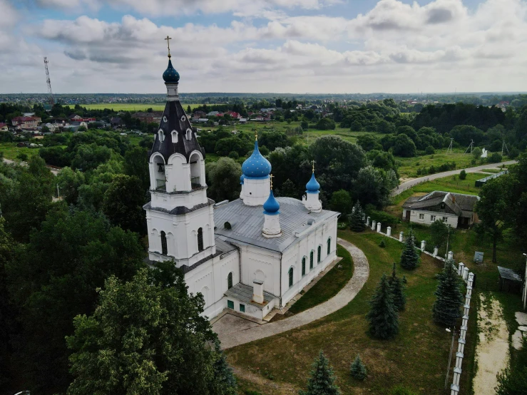 an aerial view of a large, church like building