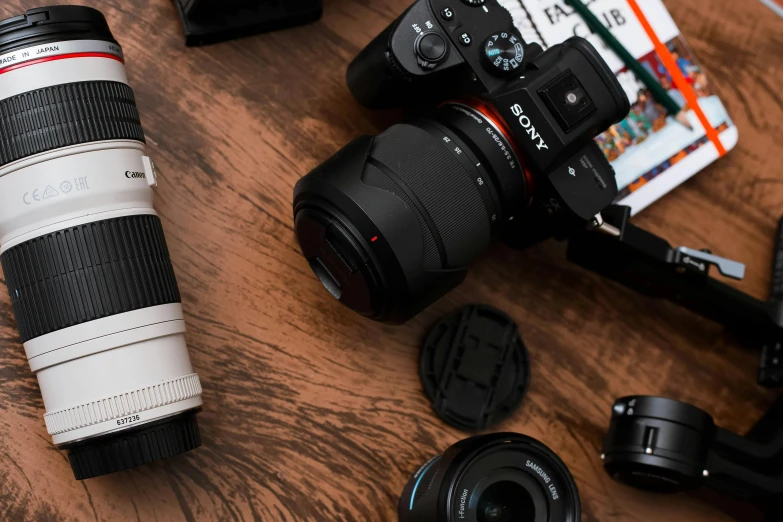 camera and other personal items sitting on the table