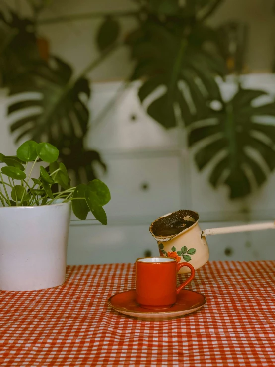 a red cup with a saucer on a checkered plate