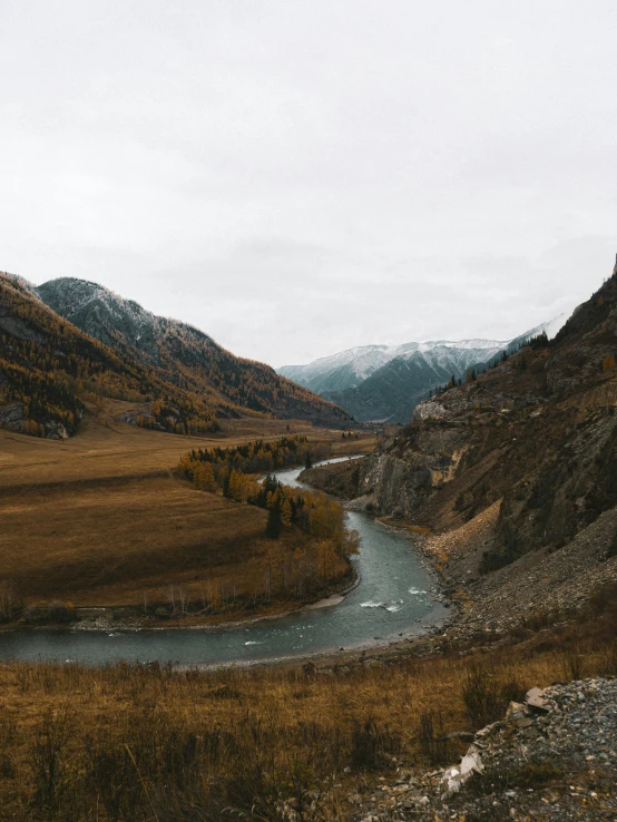 a stream running through an open area in the mountains