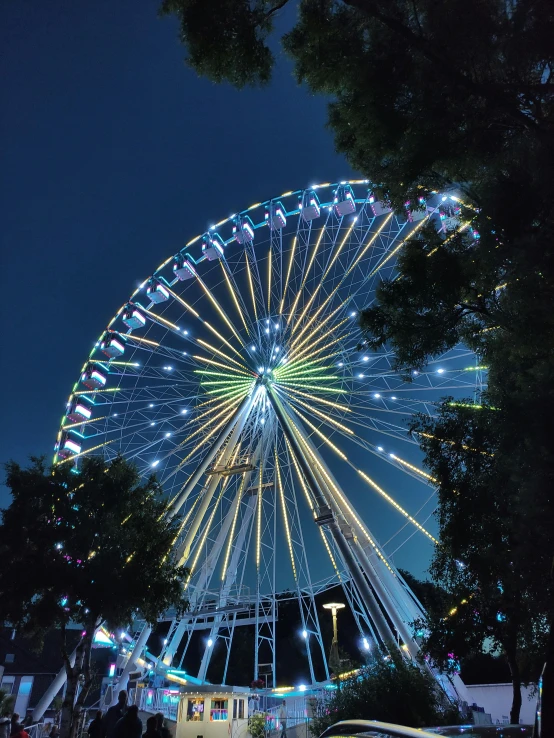 large wheel on a river near city at night