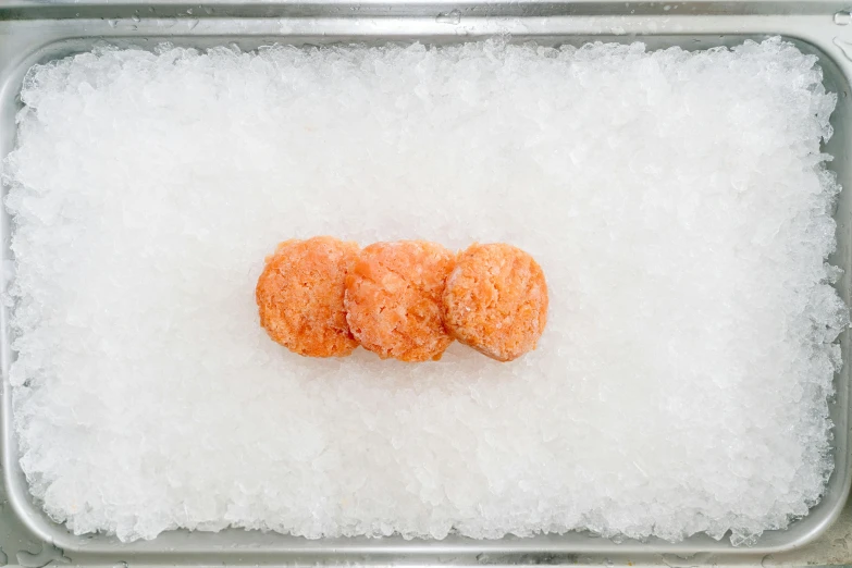 two small carrots are in a stainless steel container of frozen water