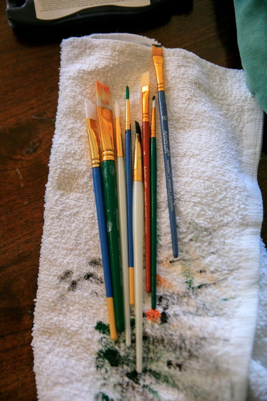 a close up of four brushes on a towel