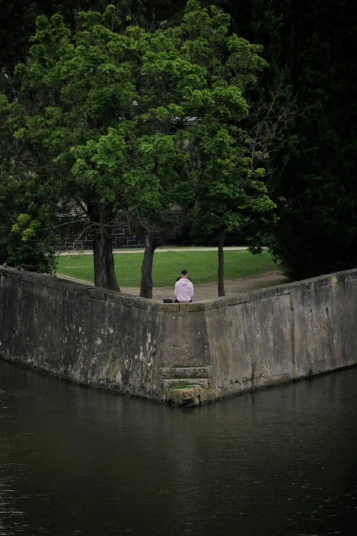 a man sitting on the side of a river near a tree