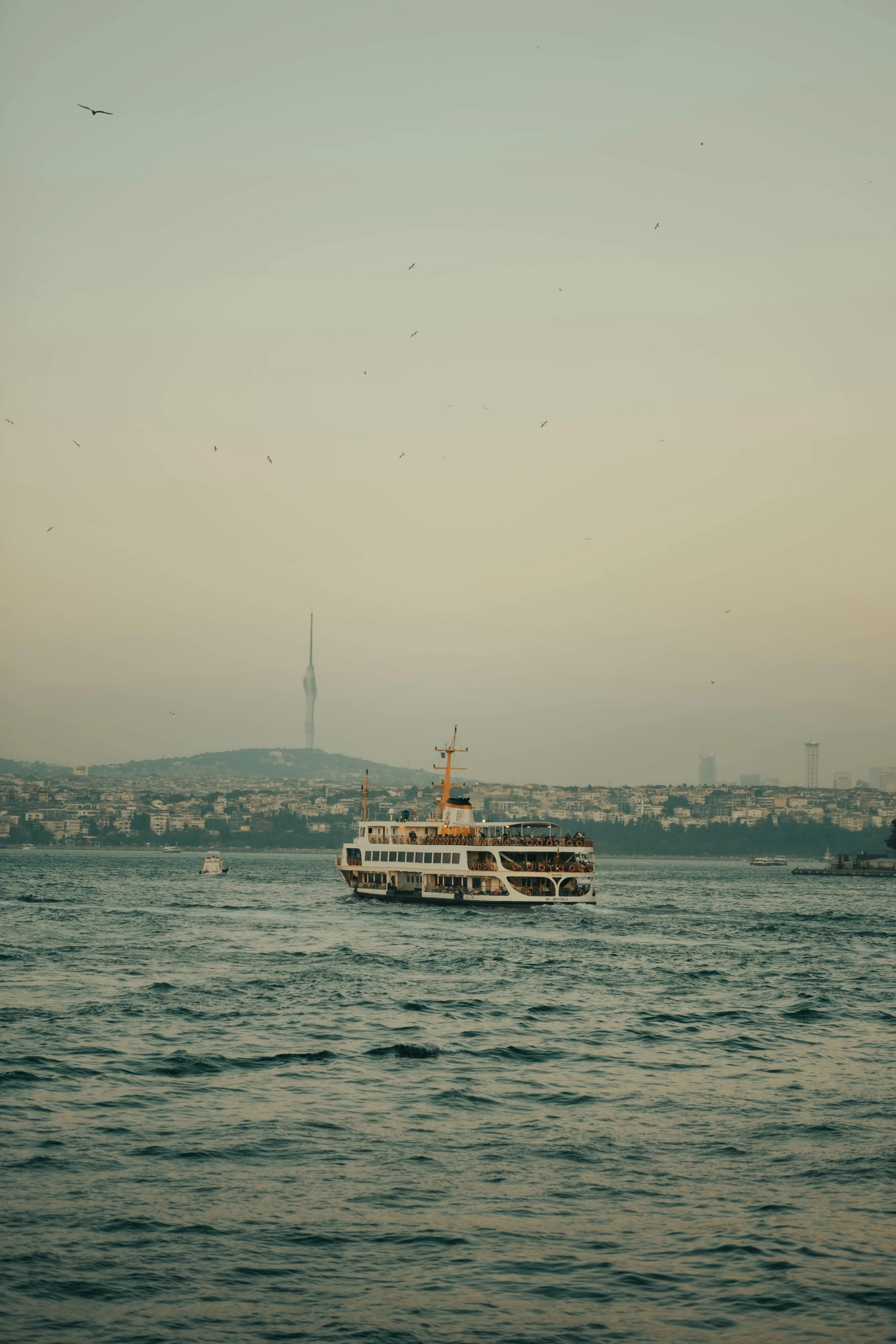 a boat floating on the water with an island in the background