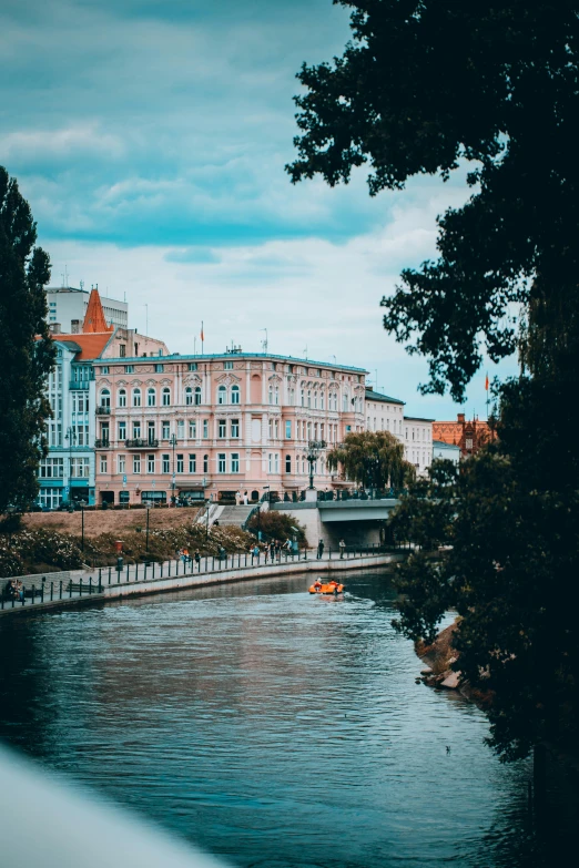 a boat is traveling down a river