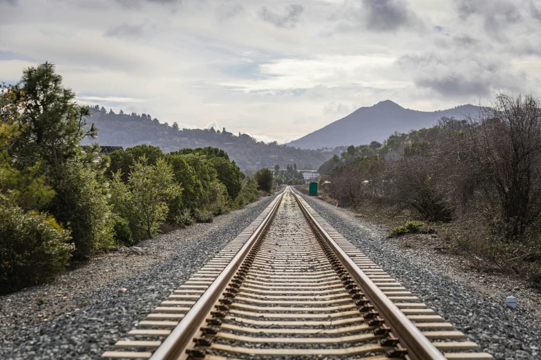 a train track with two people looking down the middle of it