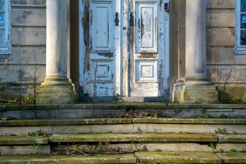 the old steps lead up to an outside door