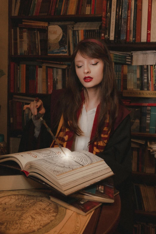 a young woman reads her books while holding her pen