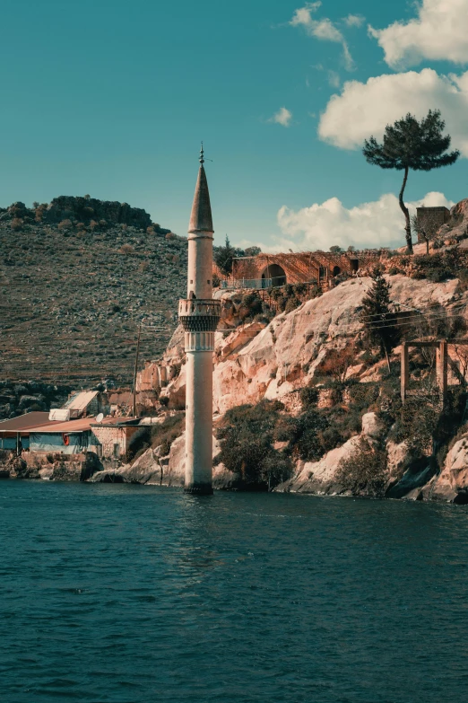 a clock tower is seen in the water