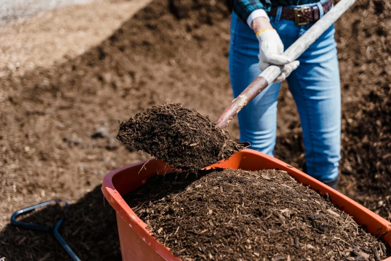 someone scooping composting dirt from a bucket into a garden