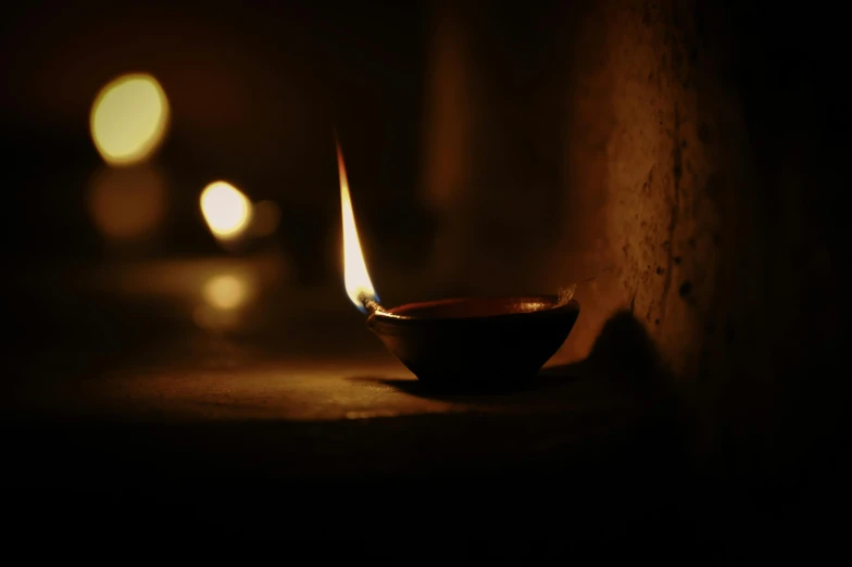 a small lit candle is sitting on the table