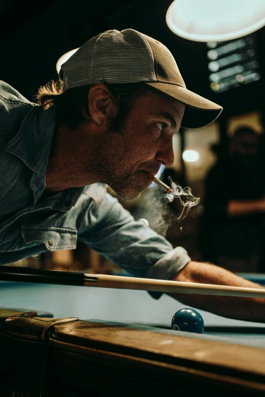 a man is smoking a pipe at a pool table