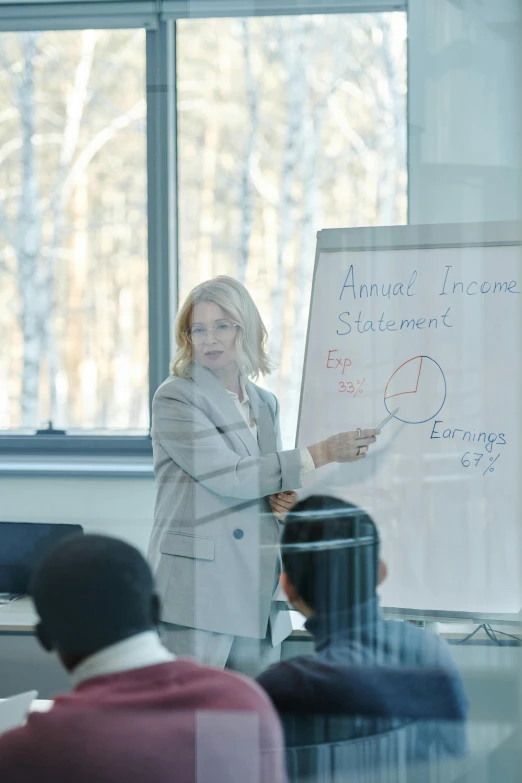 a lady standing by a white board while someone watches