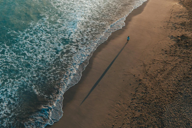 the person is walking along the shore line