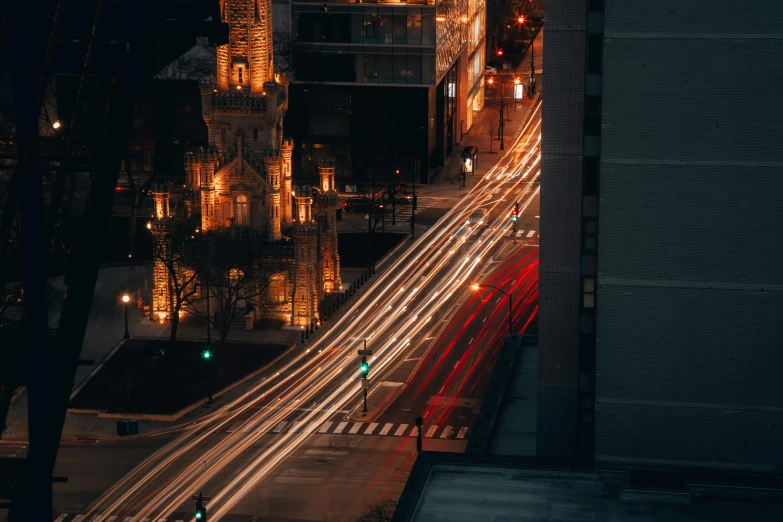 this is an aerial po looking down at the city at night