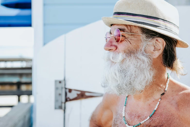 a man with a white beard wearing a straw hat and glasses