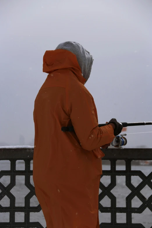 a person standing on a fence wearing skis