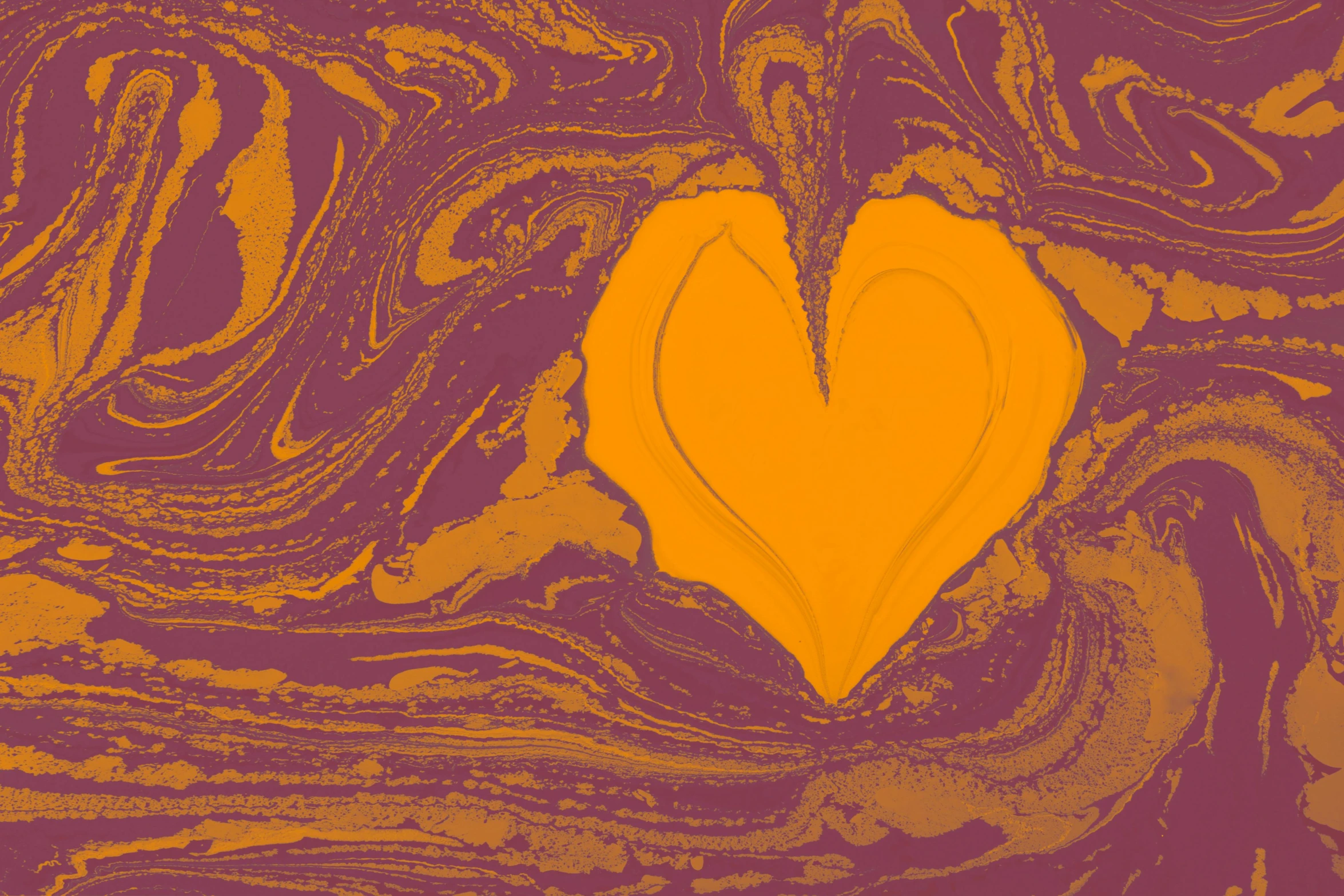 a yellow heart shape is sitting on a purple swirled background