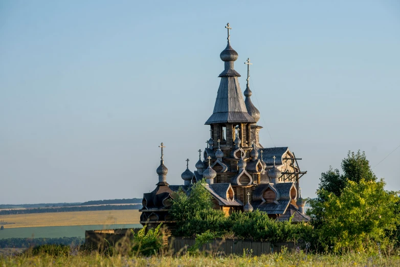 an ornate building stands next to some bushes