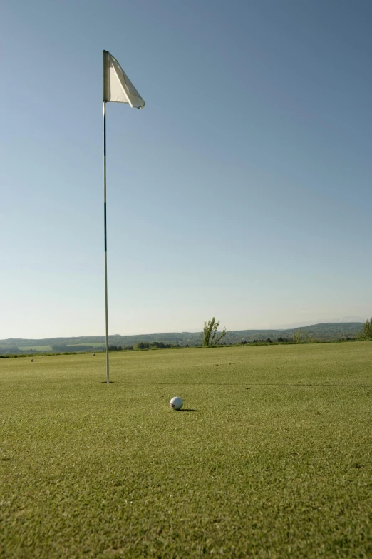 the golf ball is near the flag pole