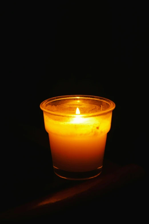 a lit candle sitting on top of a table