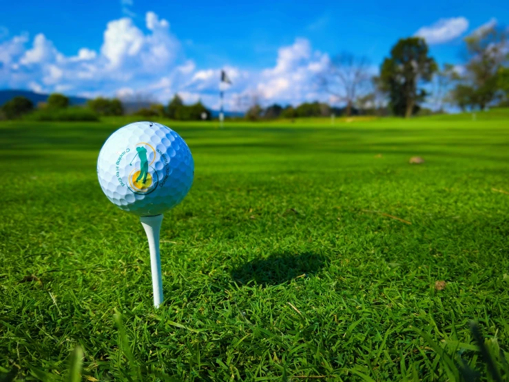 a golf ball sitting on top of a tee in the grass