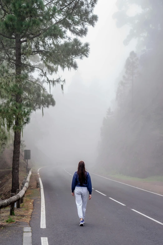 a woman walking down the road in a thick fog